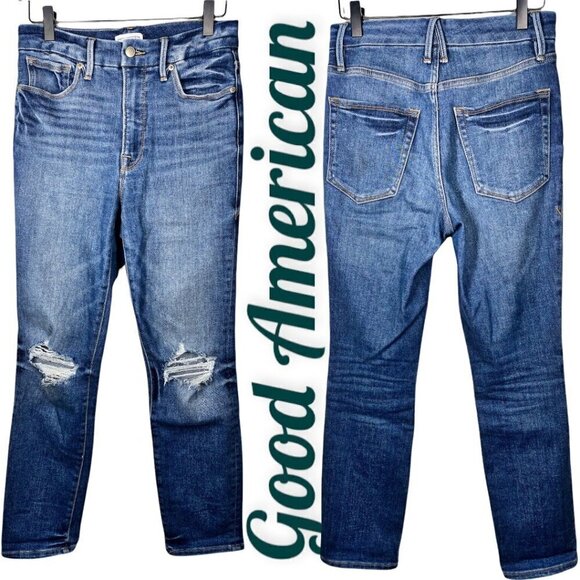 GOOD AMERICAN Good Legs Cigarette High Rise Busted Knee Distressed Jeans, Size 4 - Picture 2 of 13
